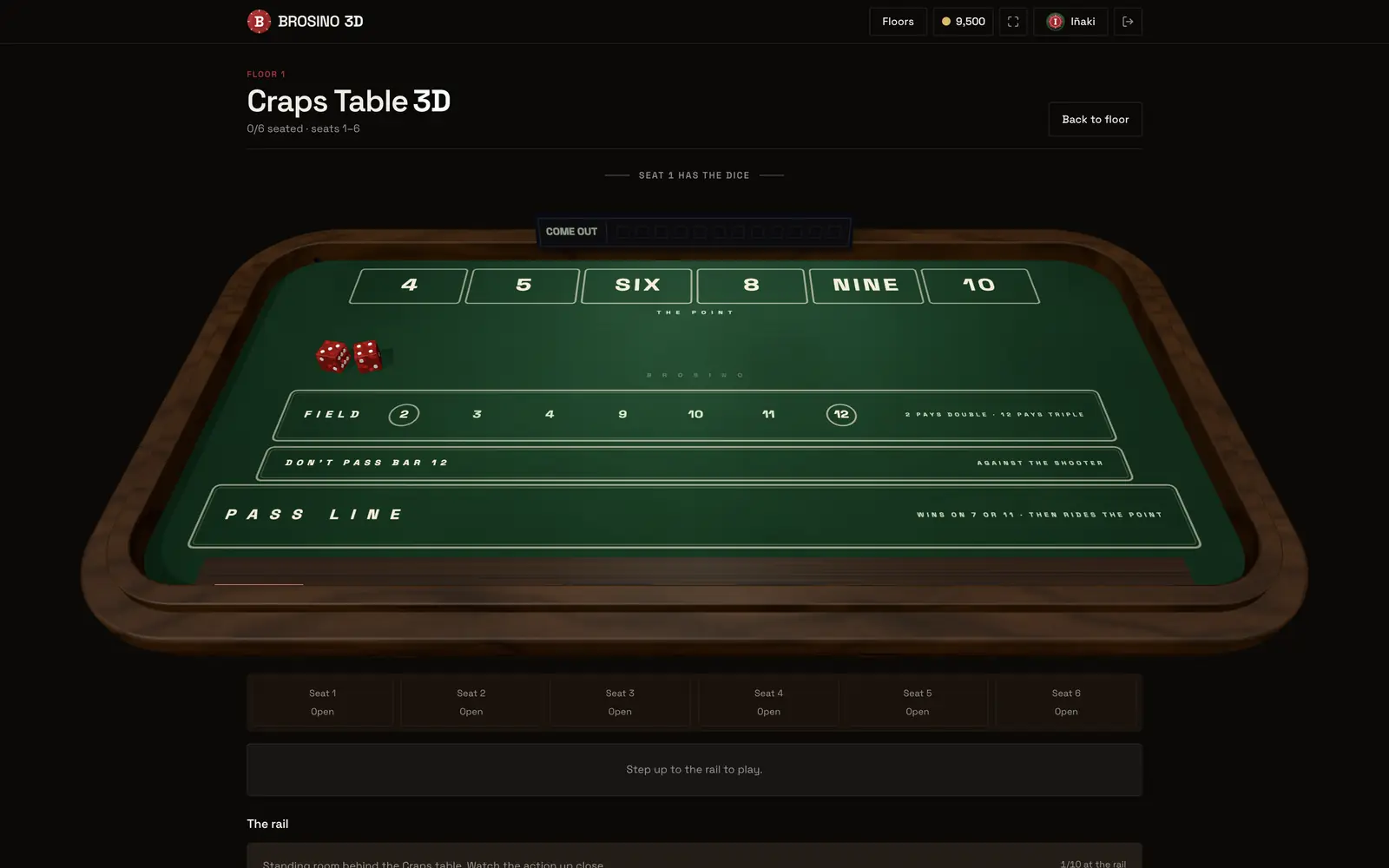 Brosino's 3D craps table, with the dice on the felt