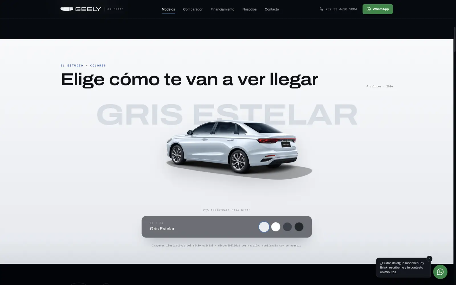 Estudio de color del Geely Emgrand: el auto en Gris Estelar con el selector de colores