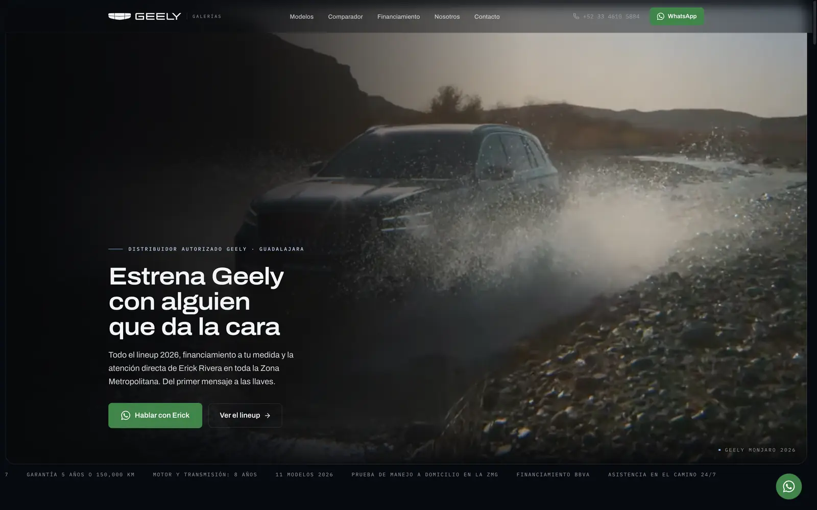 Home page of ergeely.com: a Geely SUV fording a river, under the advisor's headline