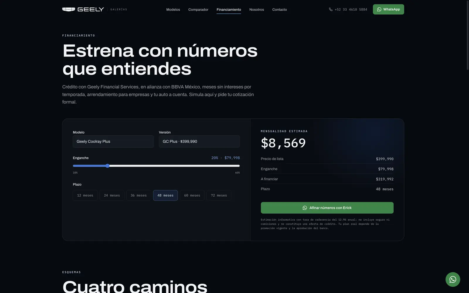 Simulador de financiamiento: enganche, plazo y mensualidad estimada