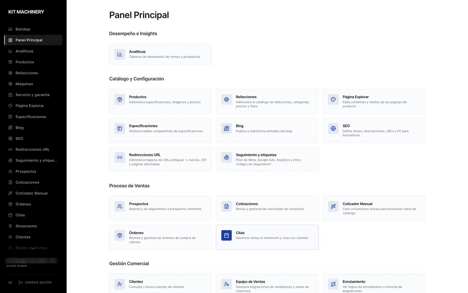 Panel principal de la administración, con catálogo, ventas y gestión comercial