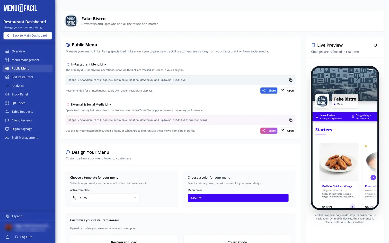 Public menu design with a live phone preview