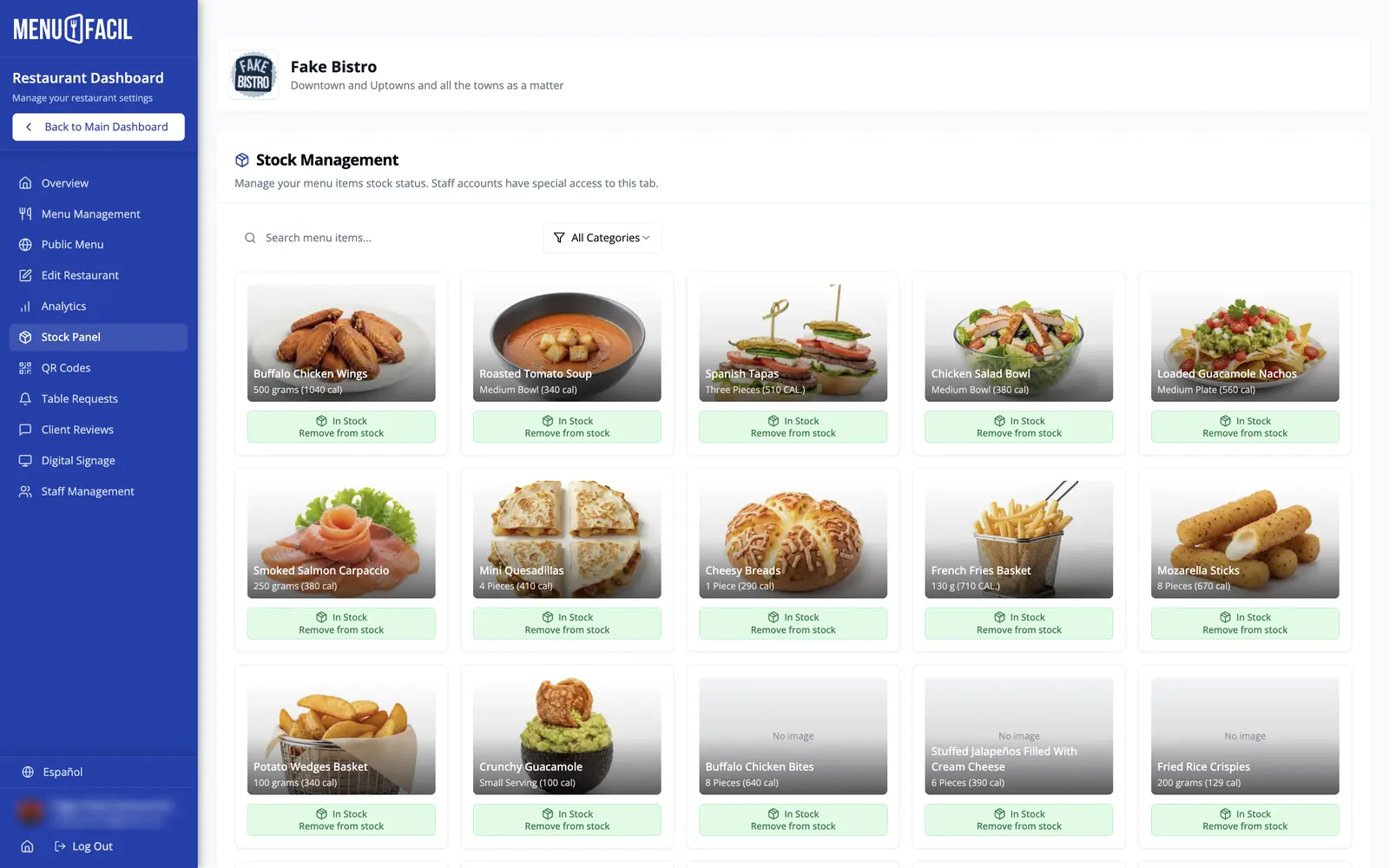 A restaurant's stock panel: every dish with its photo and status