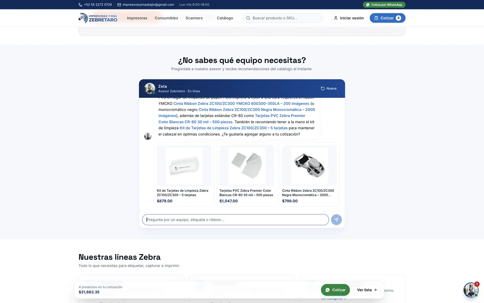 Zeta, the site's assistant, recommending catalog products with their prices
