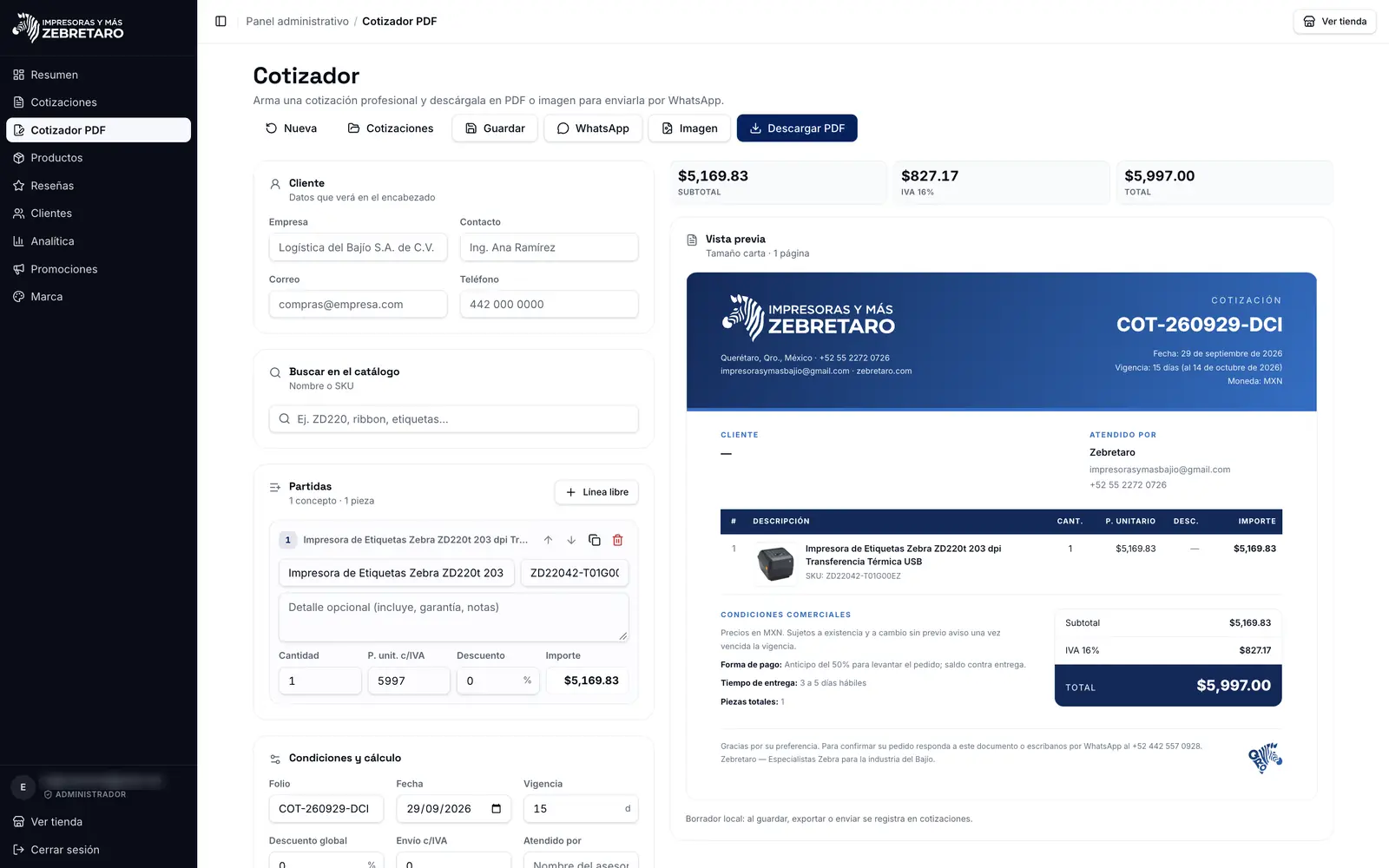 The admin quotation builder: line items on the left, the branded quotation previewed on the right